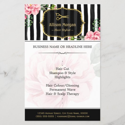 ヘアサロン金ゴールドグリッター白黒フローラ チラシ (正面)