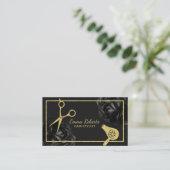 ヘアサロン金ゴールドシザー&ドライヤーブラックフローラ 名刺 (スタンド正面)