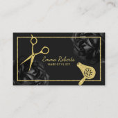 ヘアサロン金ゴールドシザー&ドライヤーブラックフローラ 名刺 (正面)