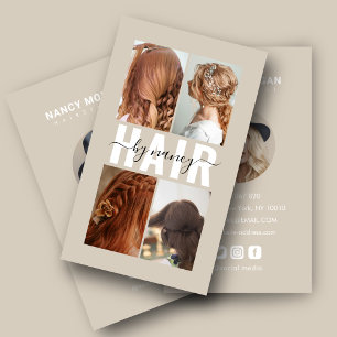 ヘアサロン カリグラフィースクリプト 写真コラージュ ベージュ 名刺