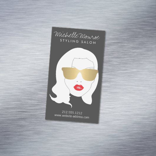 ヘアサロン、スタイリスト、美しいガールダークグレー マグネット名刺 (インサイチュ)