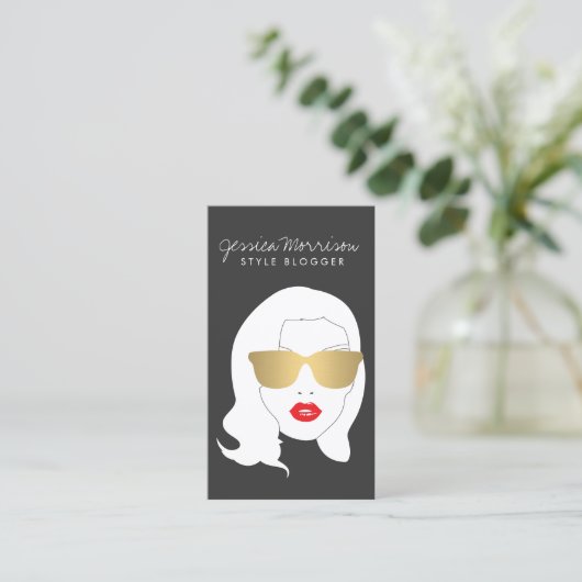 ヘアサロン、スタイリスト、美しいガールダークグレー 名刺 (スタンド正面)