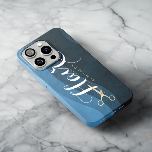 ヘアサロン ヘアスタイリスト 現代的な青と金のハサミ Case-Mate iPhoneケース