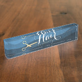 ヘアサロン 理容師 現代の青と金のハサミ デスクネームプレート (側面)
