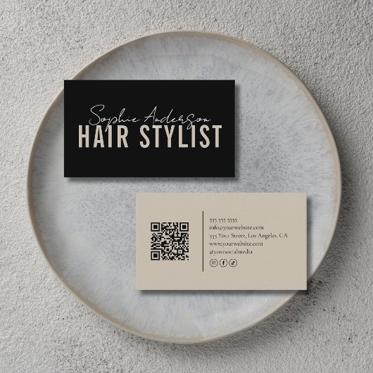 ヘアサロン 黒とベージュのQRコード 名刺