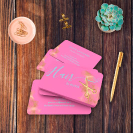 ヘアスエレガントタイリスト金ゴールドシザーズブルーホットピンク 名刺