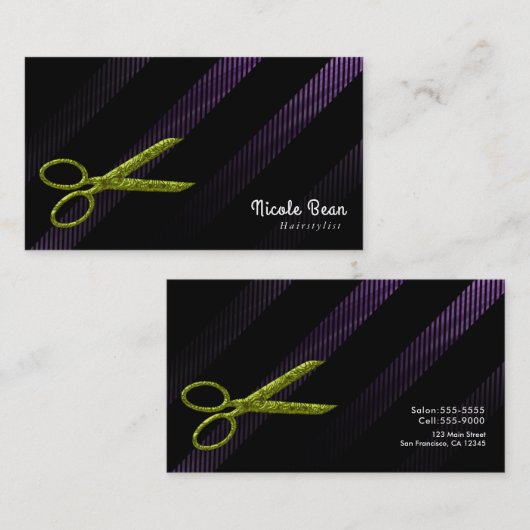 ヘアスタイリストのヘアドレスパープル&グリーンハサミ 名刺 (正面/裏面)