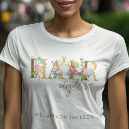 ヘアスタイリストの名前とタイポグラフィロゴのヘアサロン Tシャツ