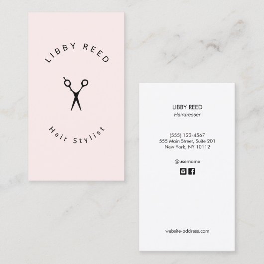 ヘアスタイリストはさみサロンシンプルライトピンク 名刺 (正面/裏面)
