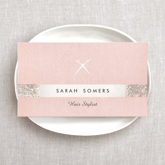 ヘアスタイリストはさみロゴフェイクシークインピンクサロン2 名刺