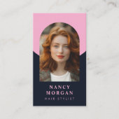 ヘアスタイリストアーチフォトQRコードピンクとネイビー 名刺 (正面)