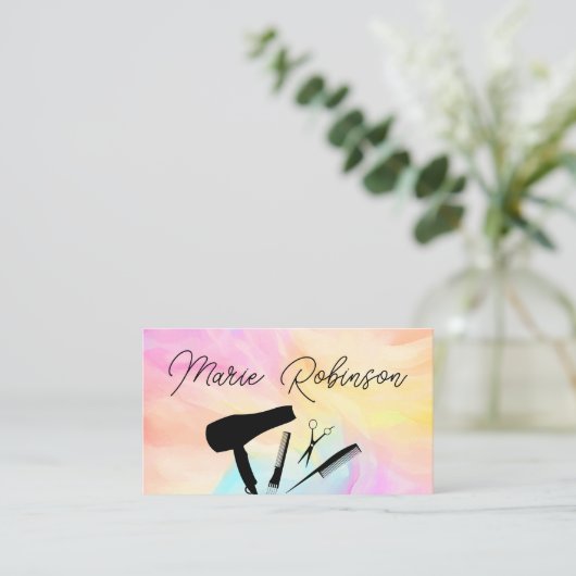 ヘアスタイリストカラフルトレンディーアポイントメントアラーム 名刺 (スタンド正面)