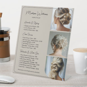 ヘアスタイリストサロンサービス価格表 ベージュ 台座サイン
