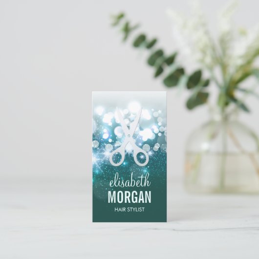 ヘアスタイリストティール（緑がかった色）ターコイズグラマーグリッタースパークル 名刺 (スタンド正面)