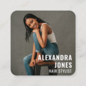 ヘアスタイリストテンプレートブラックQrコードソーシャルメディア スクエア名刺 (正面)