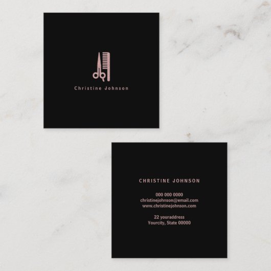 ヘアスタイリストバラ金ゴールドの黒いロゴ スクエア名刺 (正面/裏面)