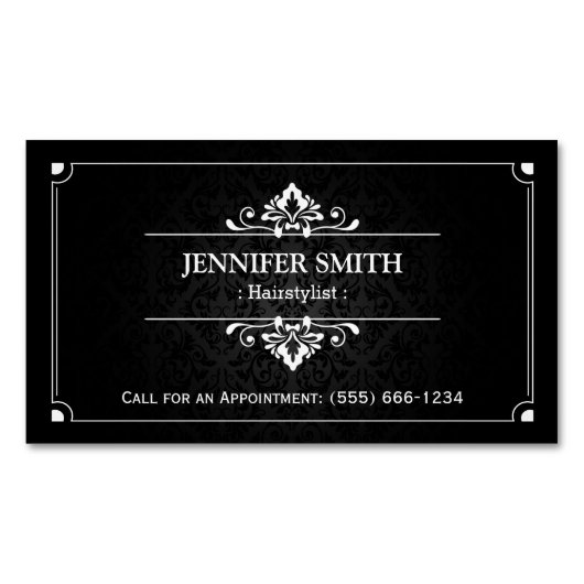 ヘアスタイリストヘアサロン – ダマスクのヴィンテージシャドウ マグネット名刺 (正面)