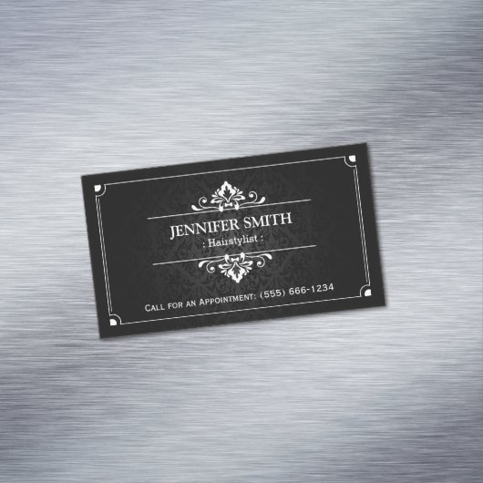 ヘアスタイリストヘアサロン – ダマスクのヴィンテージシャドウ マグネット名刺 (インサイチュ)