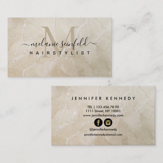 ヘアスタイリストベージュマーブル美しいサロンモノグラム 名刺 (正面/裏面)