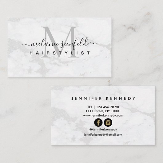 ヘアスタイリストホワイトマーブル美しいサロンモノグラム 名刺 (正面/裏面)