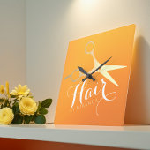 ヘアスタイリストメイクアップサロンシックなオレンジ金ゴールドはさみ スクエア壁時計