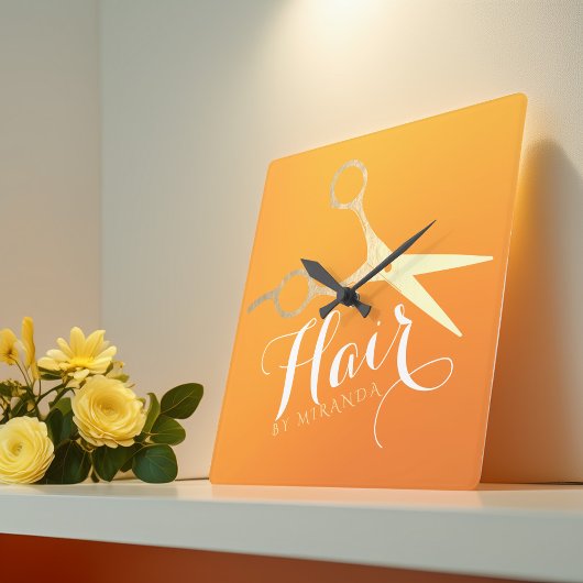 ヘアスタイリストメイクアップサロンシックなオレンジ金ゴールドはさみ スクエア壁時計