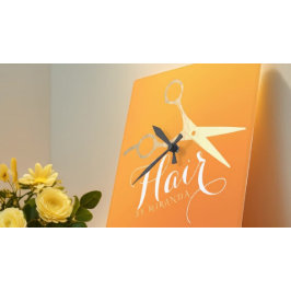 ヘアスタイリストメイクアップサロンシックなオレンジ金ゴールドはさみ スクエア壁時計