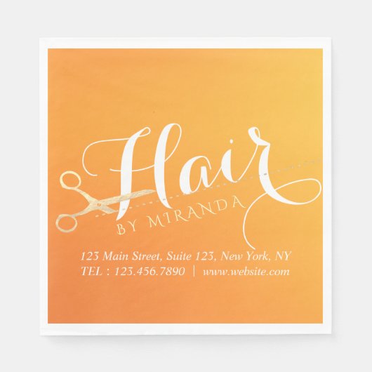 ヘアスタイリストメイクアップサロンシックなオレンジ金ゴールドはさみ スタンダードランチョンナプキン (正面)