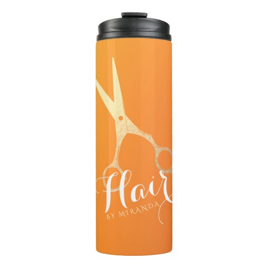 ヘアスタイリストメイクアップサロンシックなオレンジ金ゴールドはさみ タンブラー (正面)