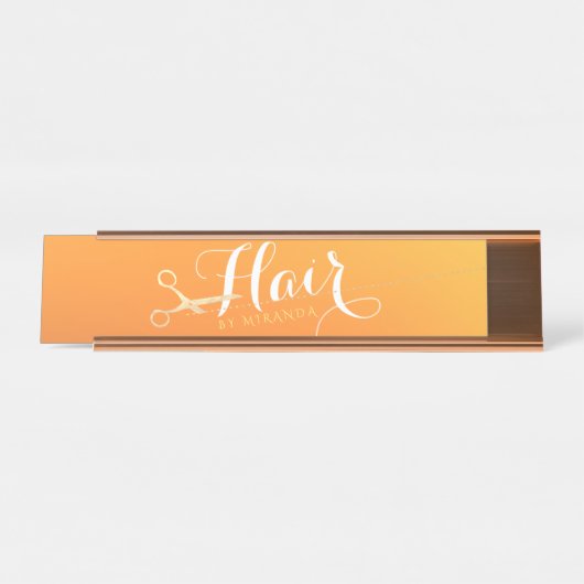 ヘアスタイリストメイクアップサロンシックなオレンジ金ゴールドはさみ デスクネームプレート (正面)