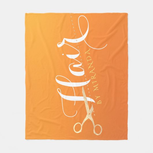 ヘアスタイリストメイクアップサロンシックなオレンジ金ゴールドはさみ フリースブランケット (正面)