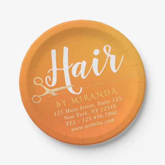 ヘアスタイリストメイクアップサロンシックなオレンジ金ゴールドはさみ ペーパープレート (正面)