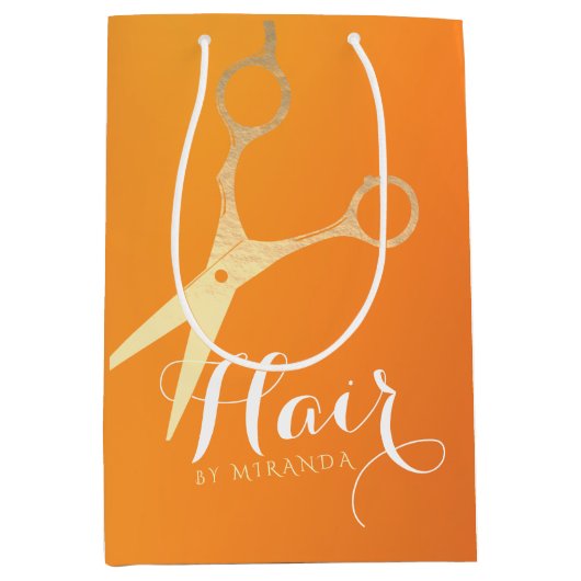 ヘアスタイリストメイクアップサロンシックなオレンジ金ゴールドはさみ ミディアムペーパーバッグ (正面)