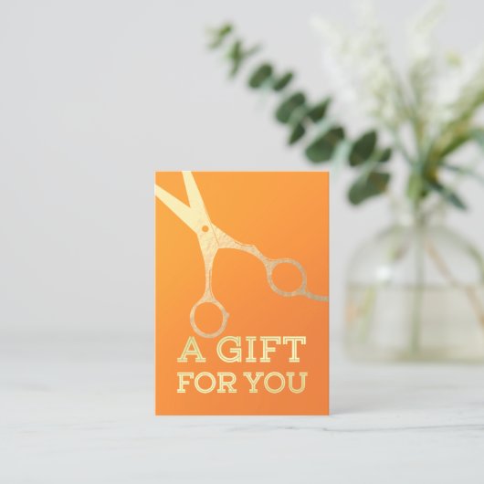 ヘアスタイリストメイクアップサロンシックなオレンジ金ゴールドはさみ 割引カード (スタンド正面)