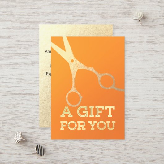 ヘアスタイリストメイクアップサロンシックなオレンジ金ゴールドはさみ 割引カード (正面/裏面インサイチュ)