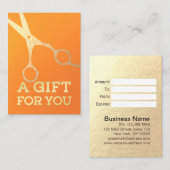 ヘアスタイリストメイクアップサロンシックなオレンジ金ゴールドはさみ 割引カード (正面/裏面)