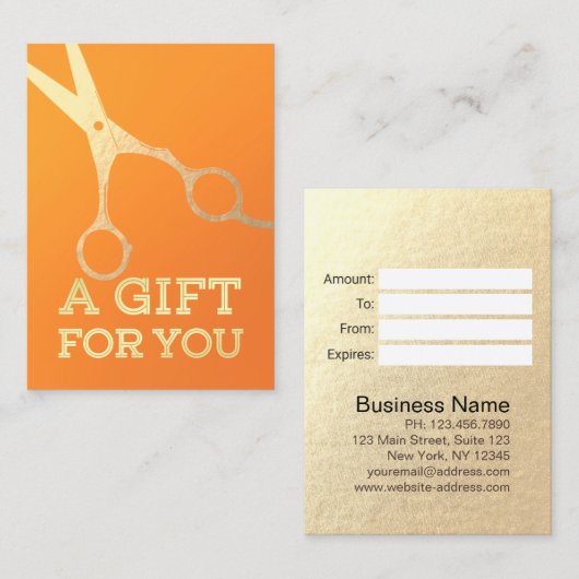 ヘアスタイリストメイクアップサロンシックなオレンジ金ゴールドはさみ 割引カード