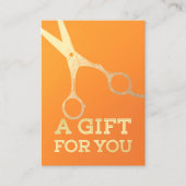 ヘアスタイリストメイクアップサロンシックなオレンジ金ゴールドはさみ 割引カード (正面)