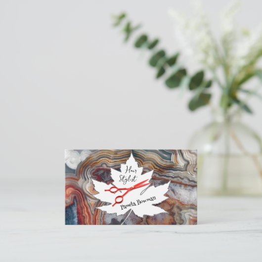 ヘアスタイリストレース瑪瑙ストーンレッドハサミ 名刺 (スタンド正面)