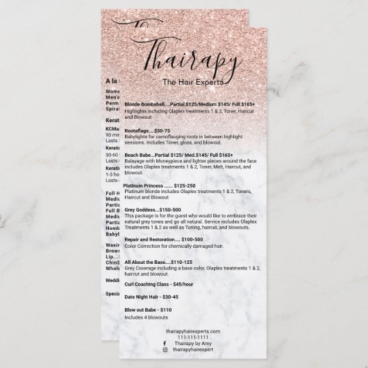 ヘアスタイリスト価格表バラ金ゴールドグリッター大理石 メニュー (正面/裏面)