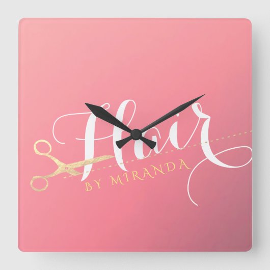 ヘアスタイリスト化粧サロンモダンピンク金ゴールドばさみ スクエア壁時計 (正面)