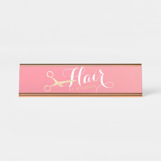 ヘアスタイリスト化粧サロンモダンピンク金ゴールド鋏 デスクネームプレート (正面)