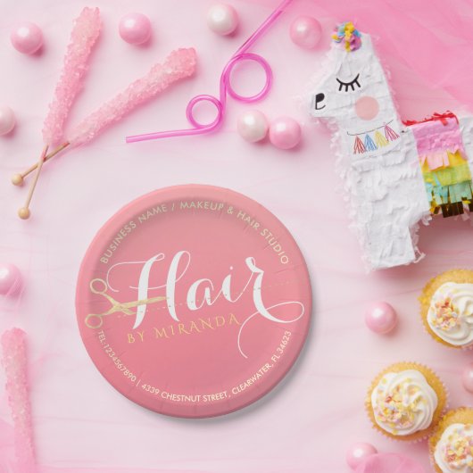 ヘアスタイリスト化粧サロンモダンピンク金ゴールド鋏 ペーパープレート (パーティー)