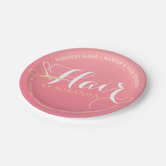 ヘアスタイリスト化粧サロンモダンピンク金ゴールド鋏 ペーパープレート (アングル)