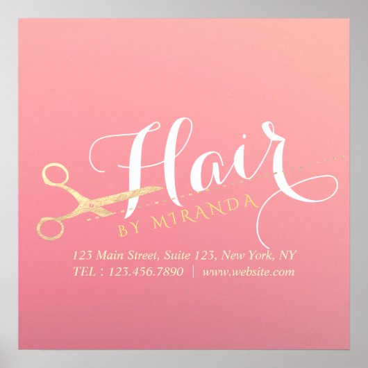 ヘアスタイリスト化粧サロンモダンピンク金ゴールド鋏 ポスター (正面)