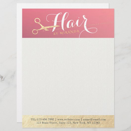 ヘアスタイリスト化粧サロンモダンピンク金ゴールド鋏 レターヘッド (正面/裏面)