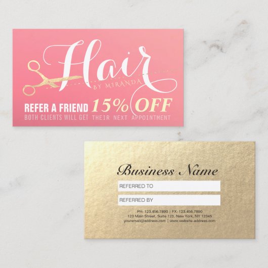 ヘアスタイリスト化粧サロンモダンピンク金ゴールド鋏 紹介カード (正面/裏面)