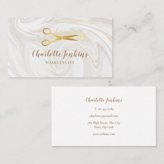 ヘアスタイリスト大理石がはさみを金ゴールド 名刺 (正面/裏面)