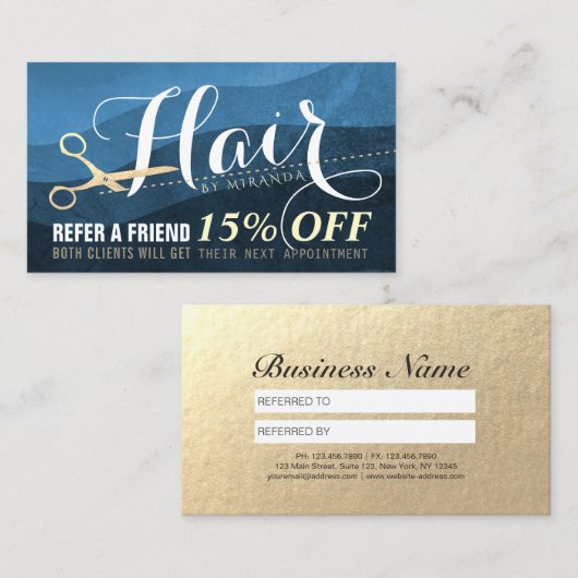 ヘアスタイリスト美容師ブルー金ゴールドシザー紹介 紹介カード (正面/裏面)