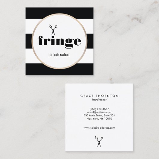 ヘアスタイリスト金ゴールドはさみ白黒 ストライプの スクエア名刺 (正面/裏面)